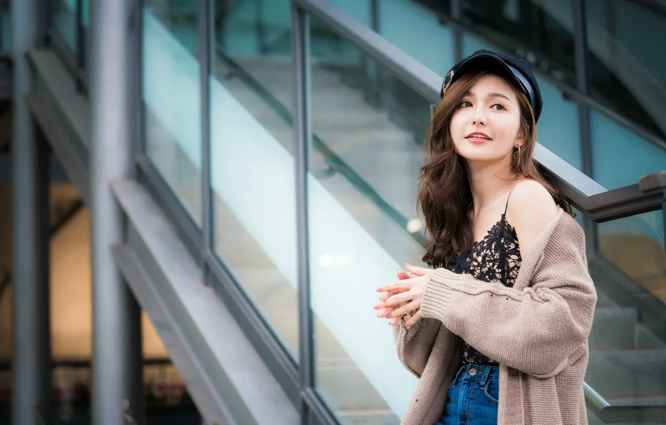 Photo wallpaper girl, hair, cap, brown hair, Asian, cardigan