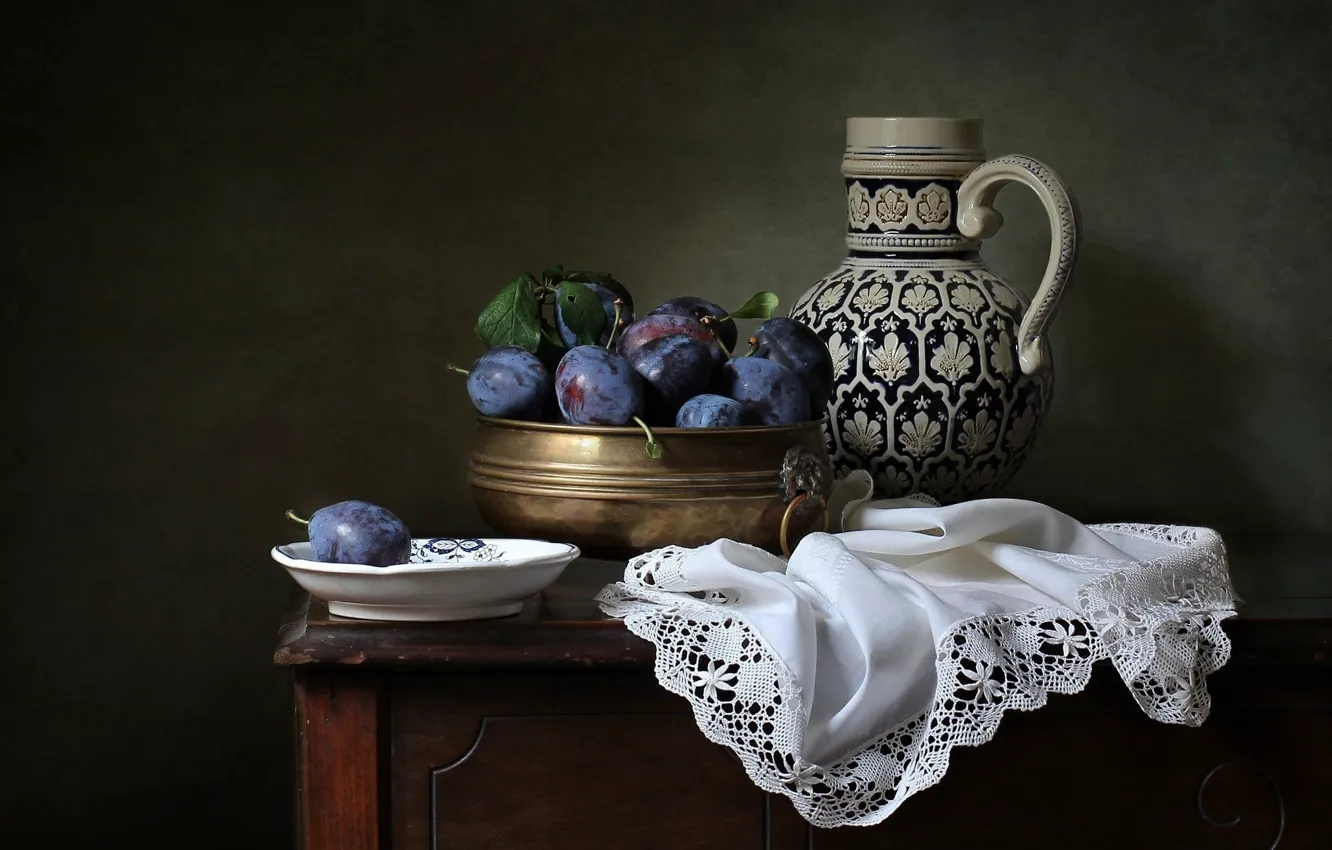 Photo wallpaper style, plate, pitcher, still life, plum, napkin