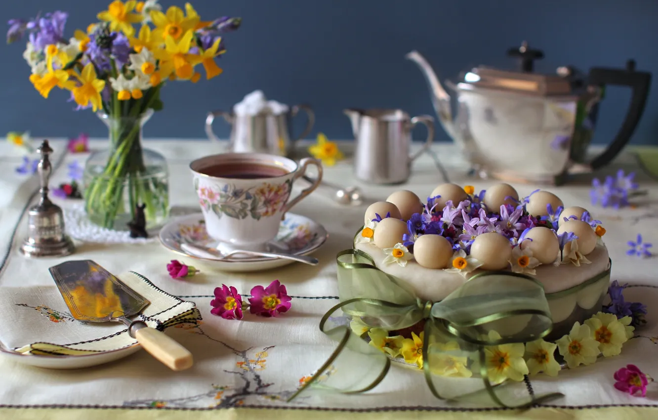 Photo wallpaper flowers, tea, bouquet, cake, bow, Narcissus, hyacinth, Primula