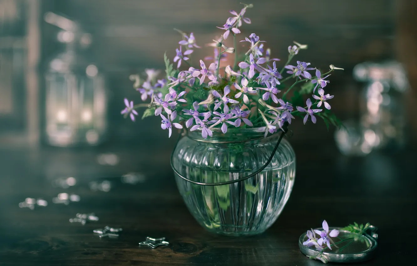 Photo wallpaper glass, flowers, table, bouquet, blur, Bank, still life, stars