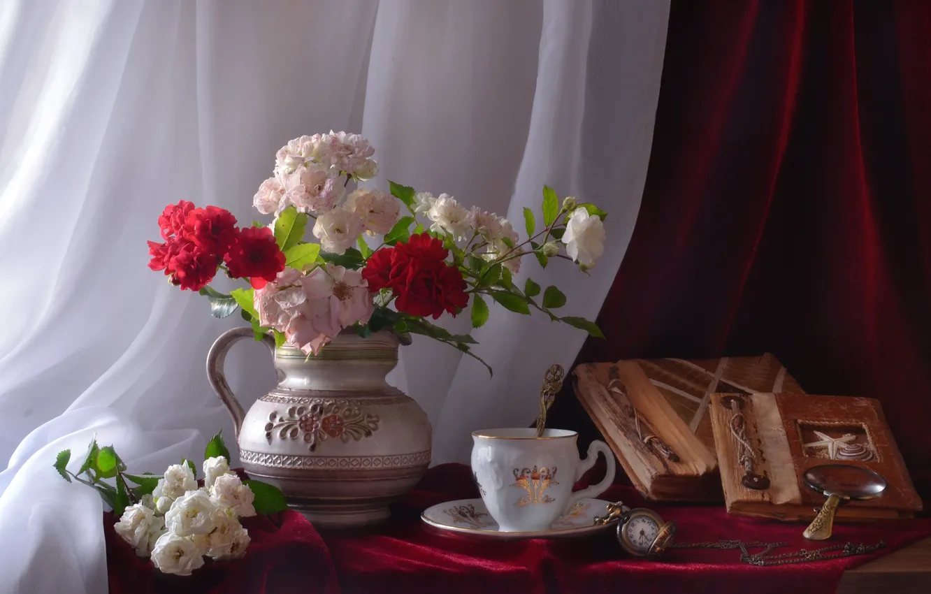 Photo wallpaper flowers, style, watch, roses, mug, pitcher, still life, albums
