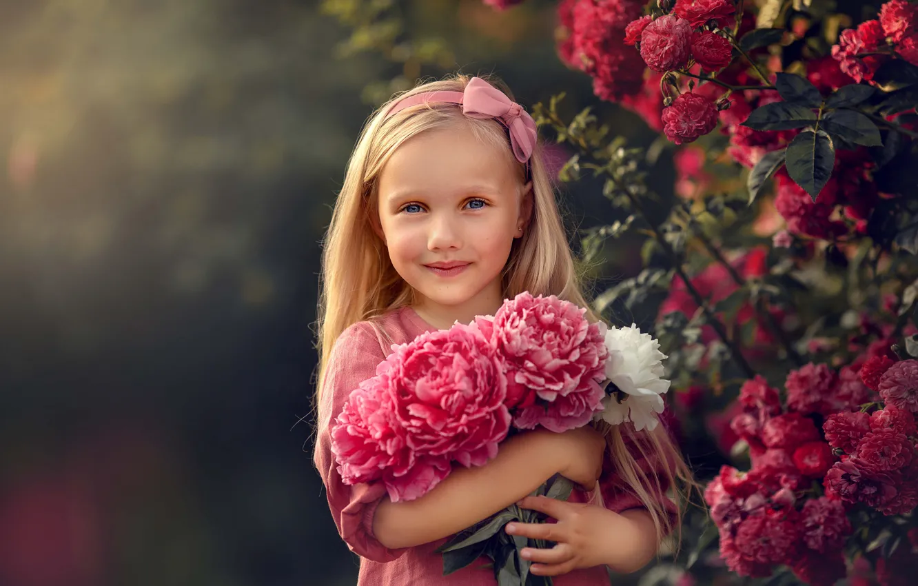 Photo wallpaper summer, flowers, nature, children, roses, bouquet, girl, the bushes