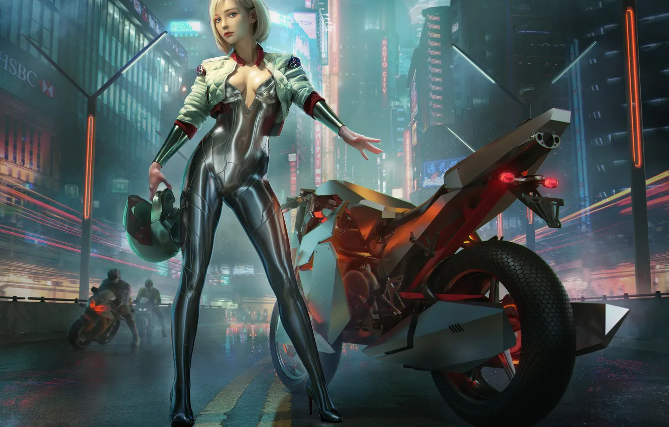 Photo wallpaper motorcycle, women, pearls, CGI, Cyberpunk, Yuan Yuan