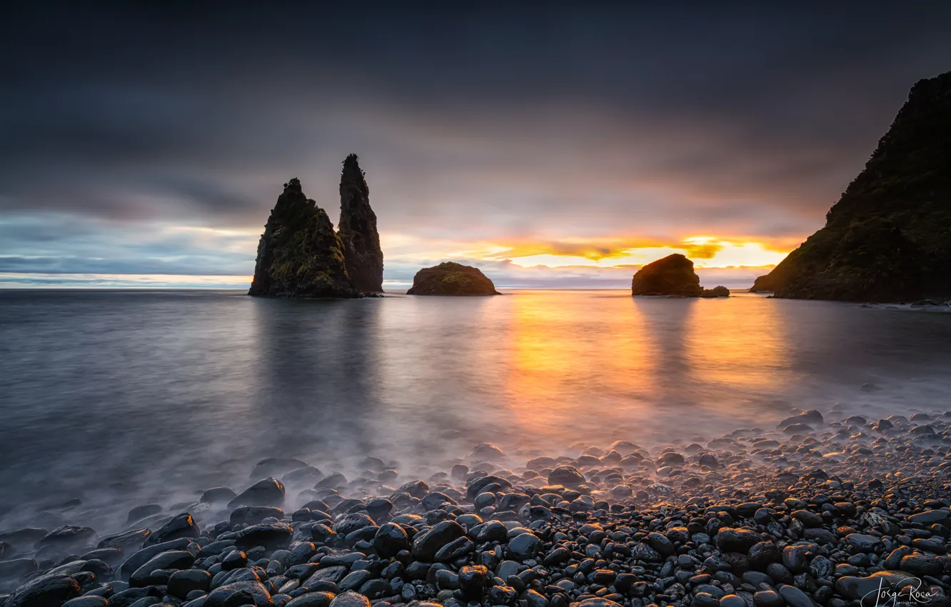 Photo wallpaper sea, the sky, sunset, stones, rocks, coast, horizon, Alagoa