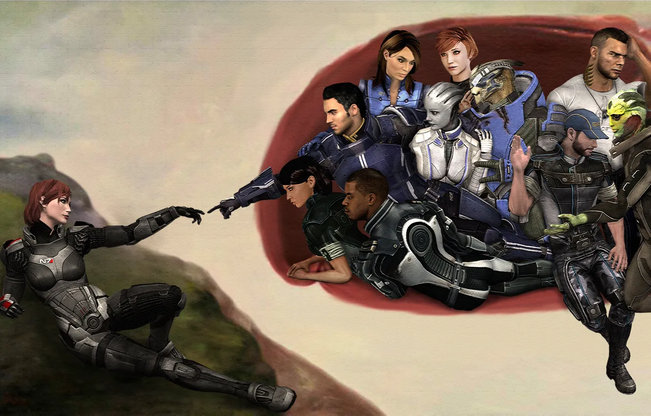 Photo wallpaper hands, art, team, Ashley, mural, mass effect, shepard, James