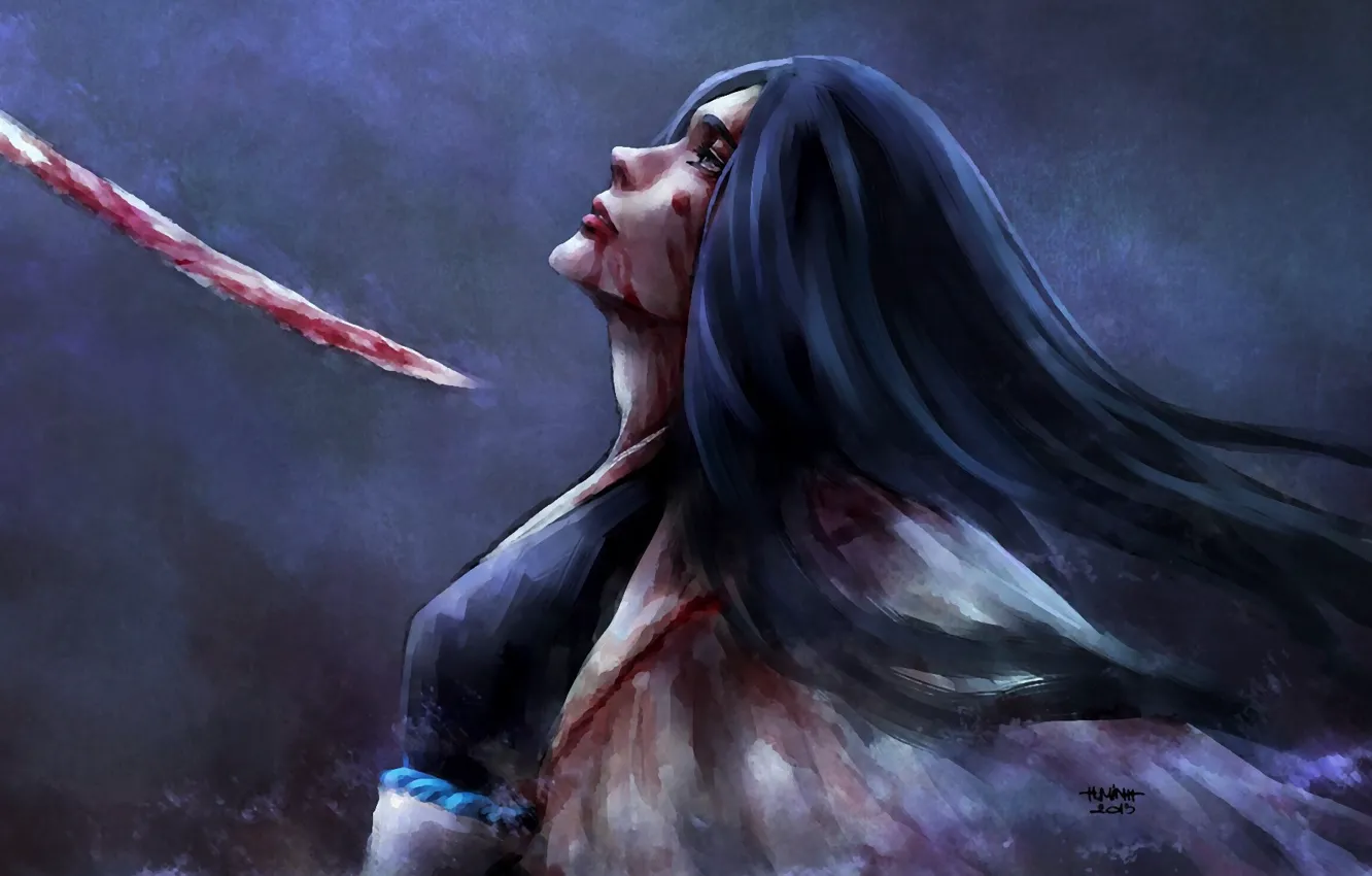 Photo wallpaper girl, blood, sword, captain, cloak, Bleach, Bleach, art