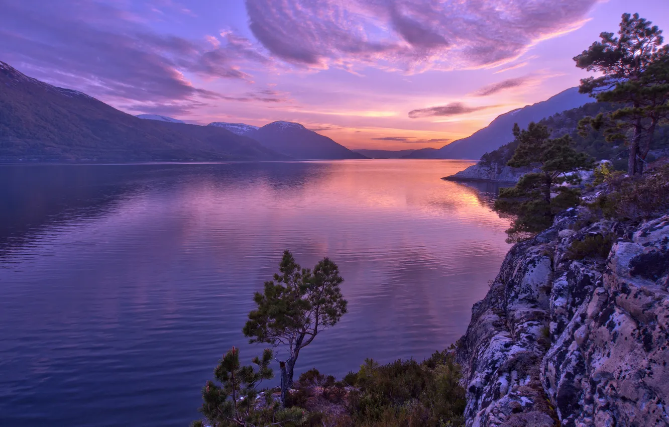 Photo wallpaper sunset, mountain, lake, reflection