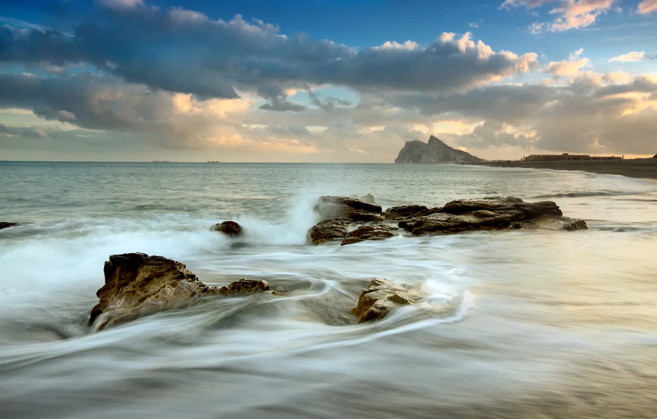 Photo wallpaper sea, wave, beach, stones, mountain