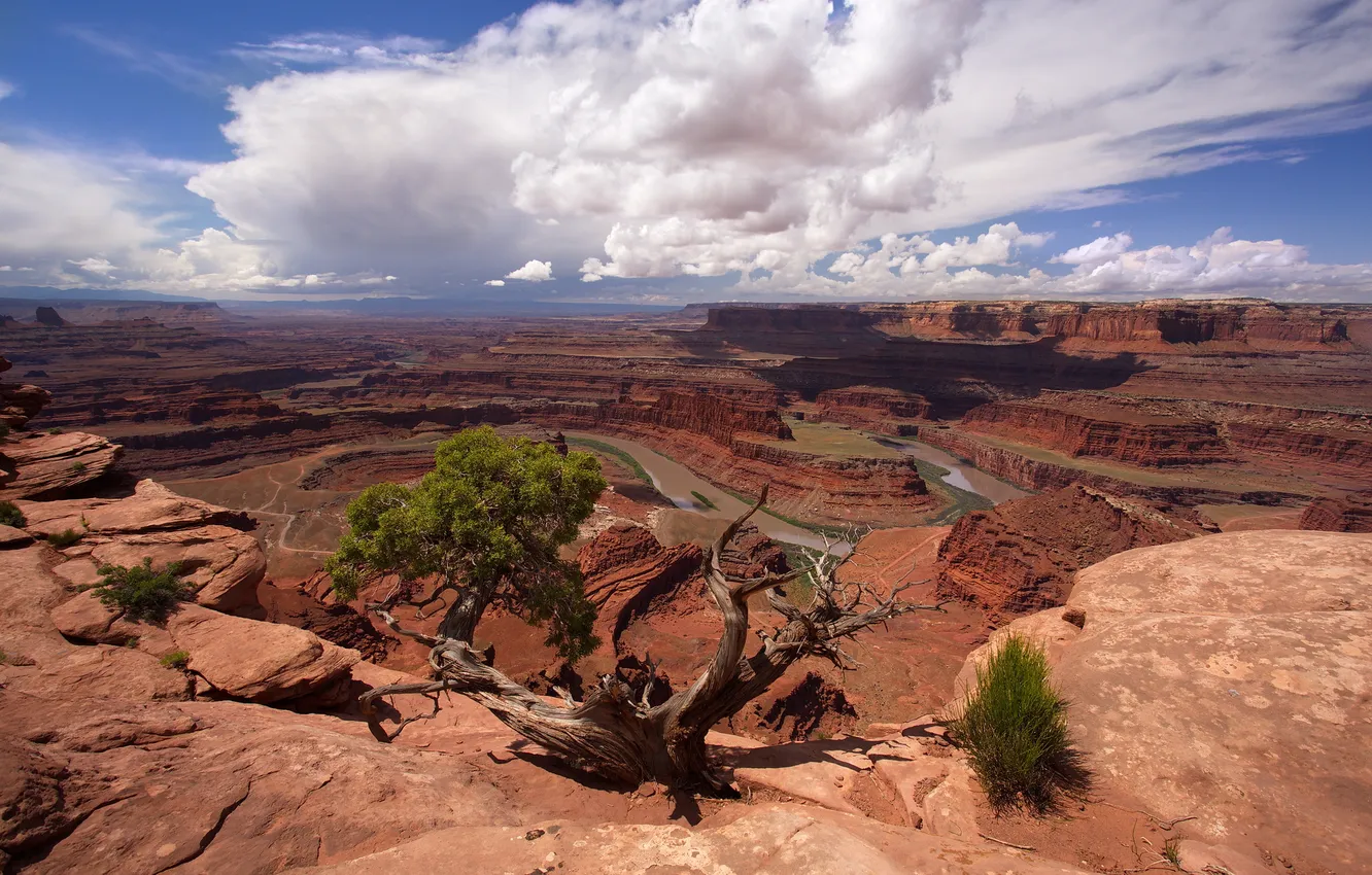 Photo wallpaper the sky, clouds, mountains, river, canyon