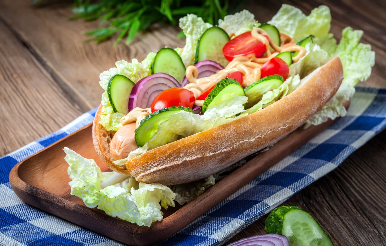 Photo wallpaper bow, sandwich, sauce, cabbage, cucumbers, tomatoes-cherry
