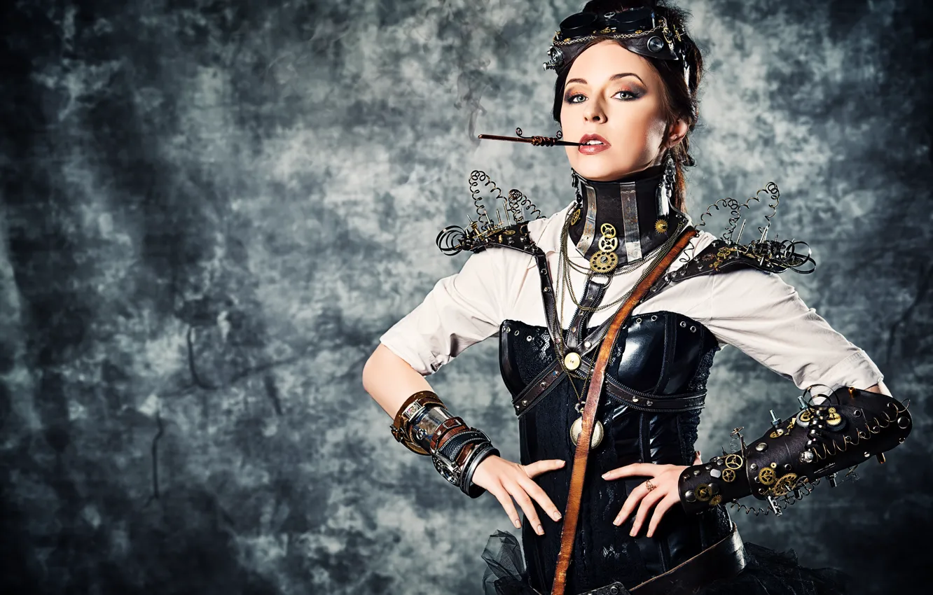 Photo wallpaper girl, style, wire, glasses, cigarette, steampunk, corset