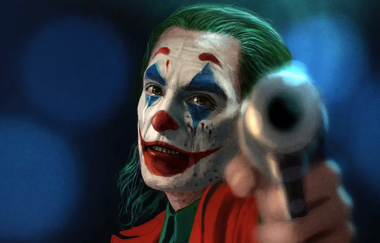 Photo wallpaper weapons, tears, Joker, Joker, blurred background, makeup, the barrel of a gun