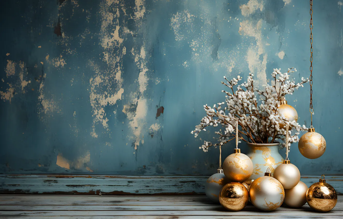 Photo wallpaper balls, branches, sprig, wall, Board, Shine, new year, bouquet
