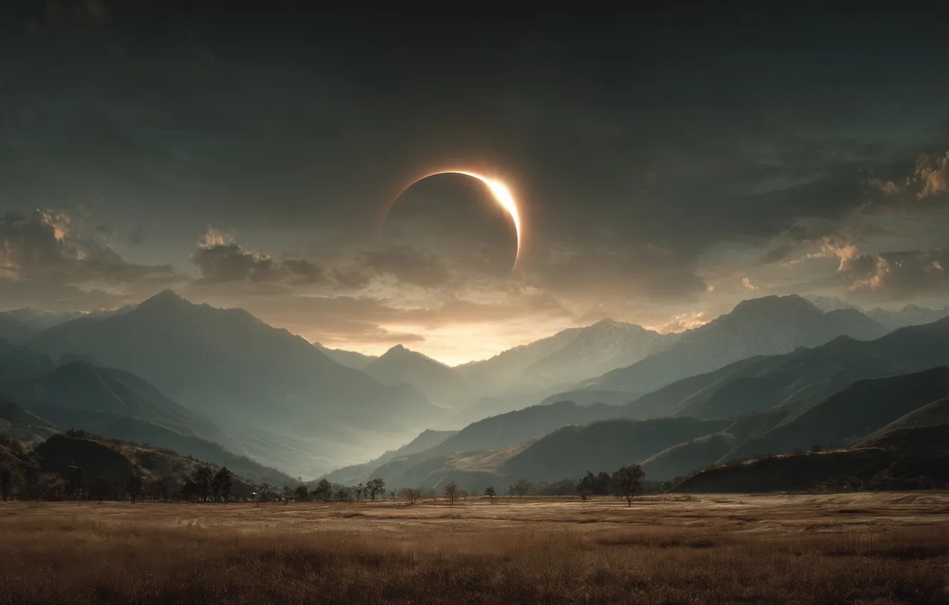 Photo wallpaper field, the sky, clouds, light, trees, landscape, mountains, fog