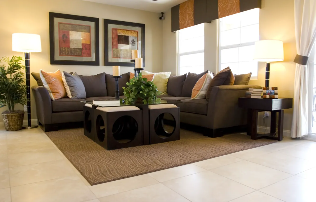 Photo wallpaper leaves, comfort, table, background, room, sofa, Wallpaper, plant