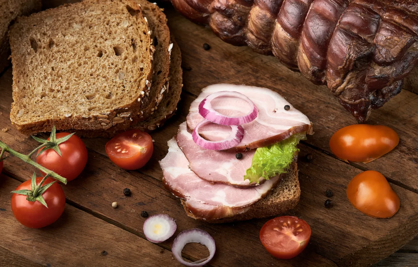 Photo wallpaper bow, bread, meat, tomatoes, ham