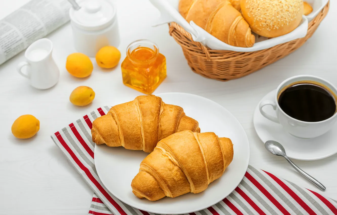 Photo wallpaper coffee, milk, cakes, jam, apricots, croissant