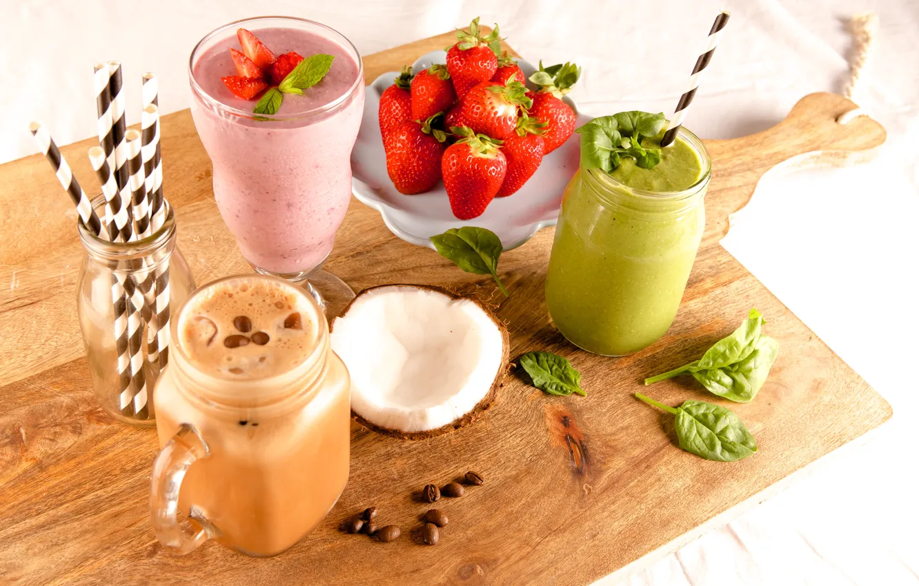 Photo wallpaper berries, coconut, strawberry, drink, coffee beans, smoothies