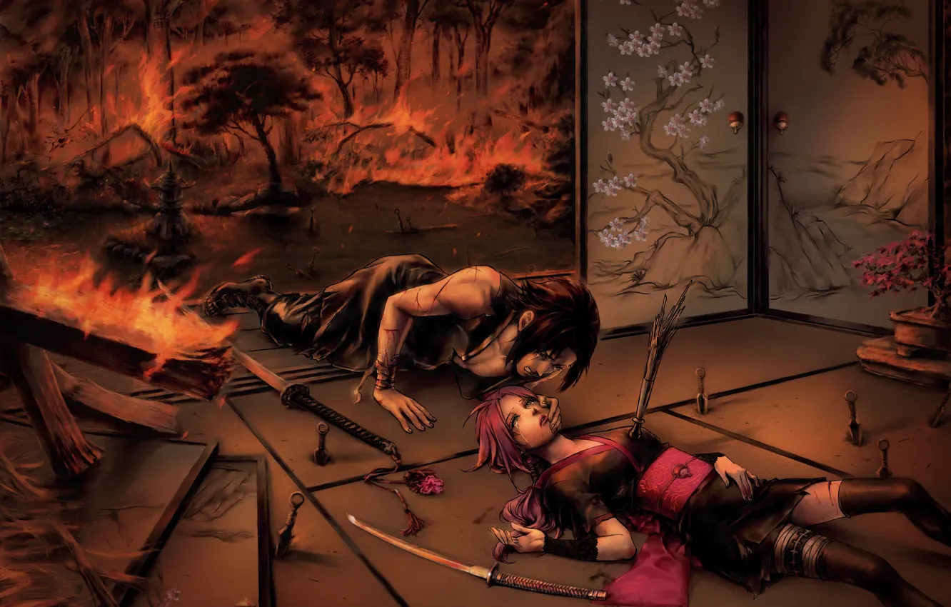 Photo wallpaper fire, the situation, katana, Sakura, tears, naruto, kimono, naruto