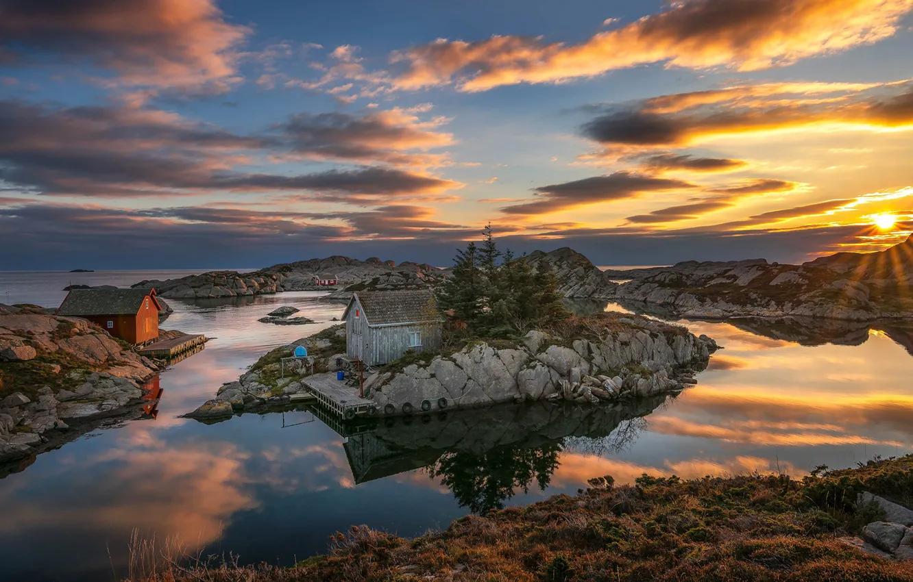 Photo wallpaper the sky, sunset, lake, rocks, house, Norway, Bjоrkeland, Bjоrn Peder