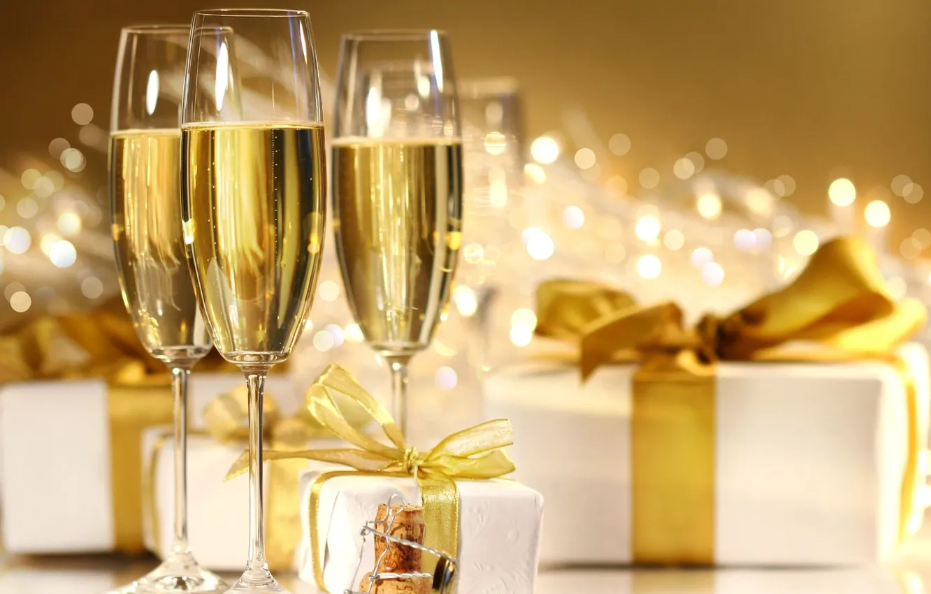 Photo wallpaper new year, glasses, gifts, champagne