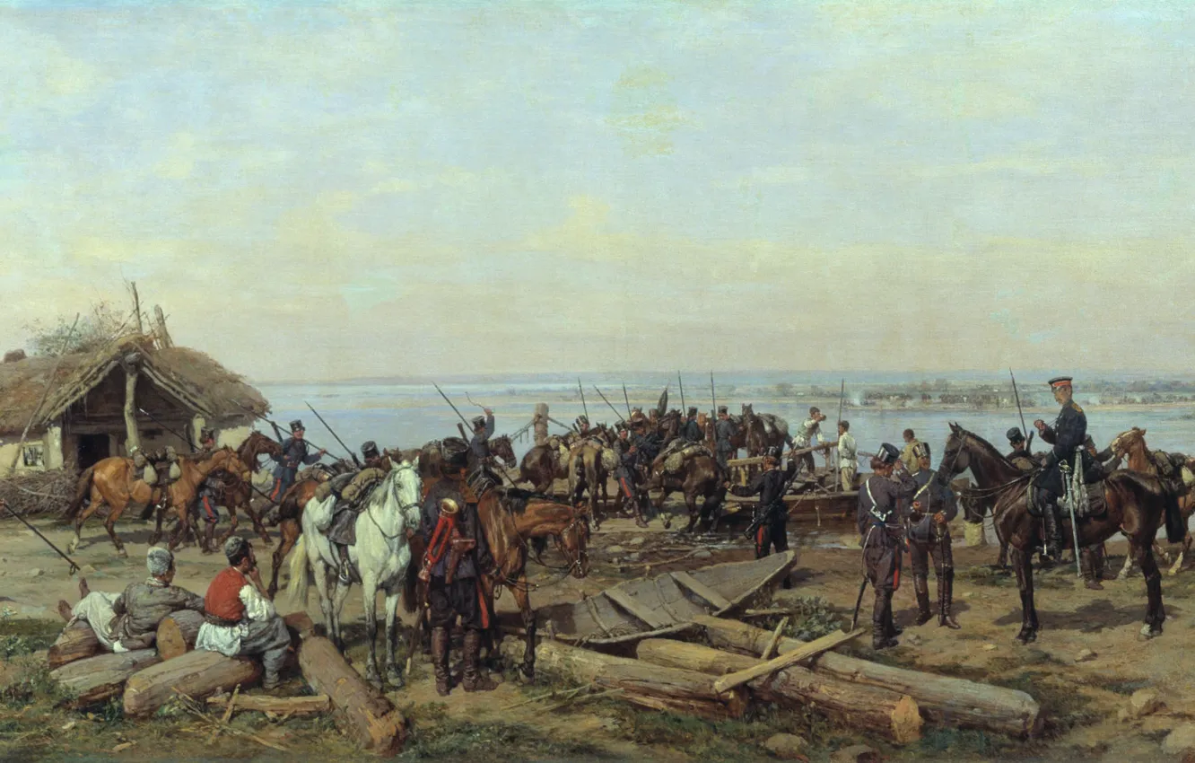 Photo wallpaper boat, oil, horses, Canvas, 1880, Pavel KOVALEVSKY, Crossing the Danube