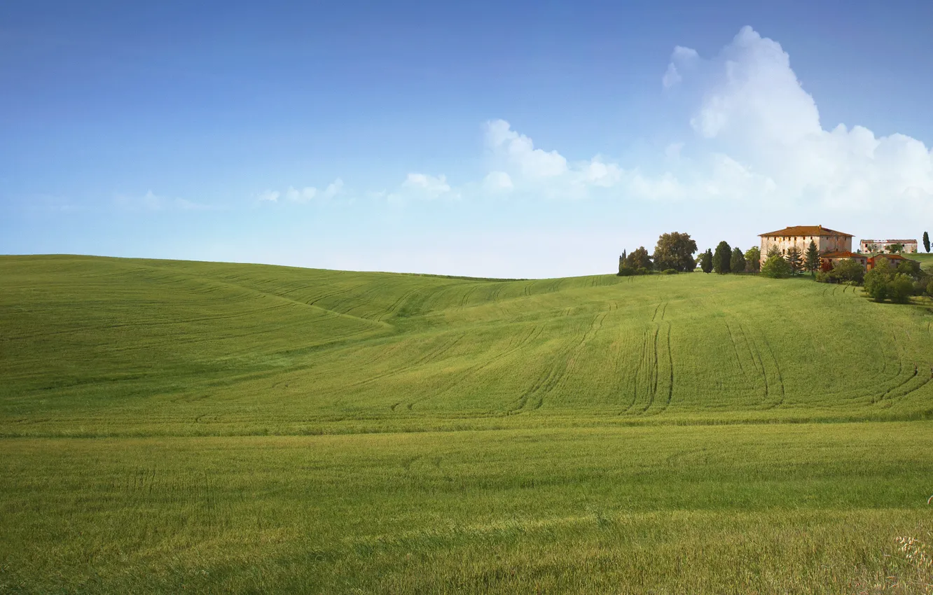Photo wallpaper field, the sky, grass, home, meadow, house