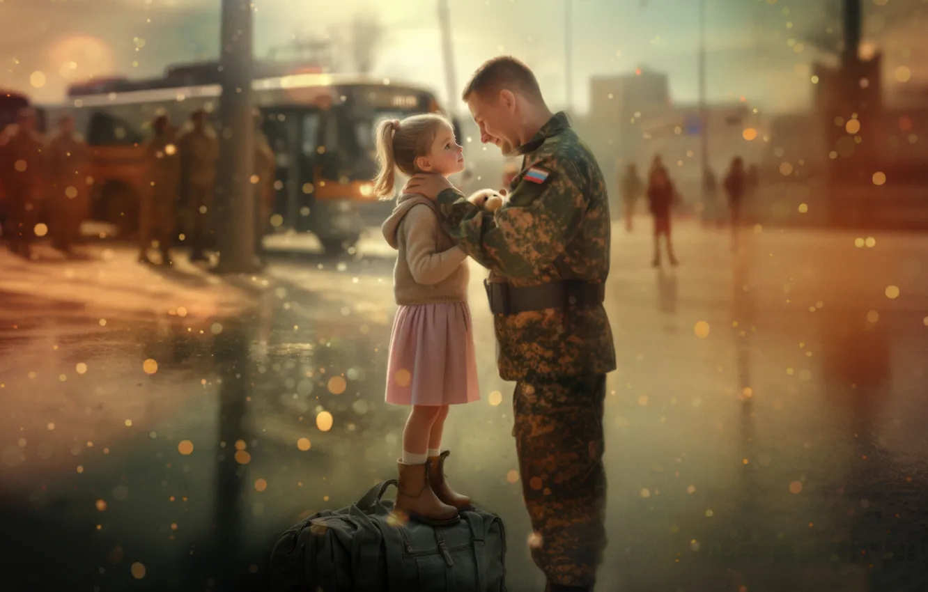 Photo wallpaper warrior, art, soldiers, girl, bus, Russia, two, daughter