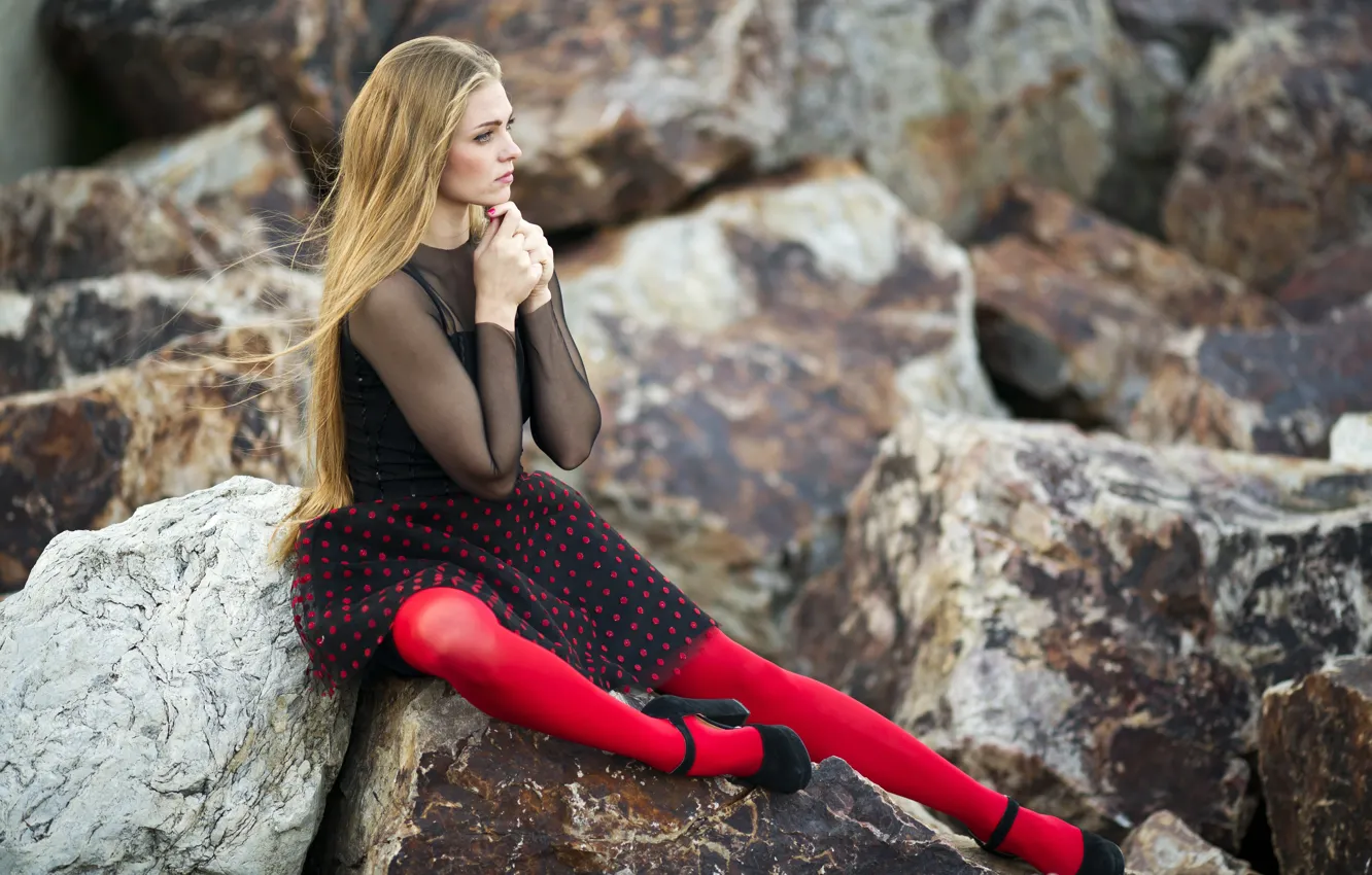 Photo wallpaper red, dress, hairstyle, blonde, shoes, tights, sitting, cute