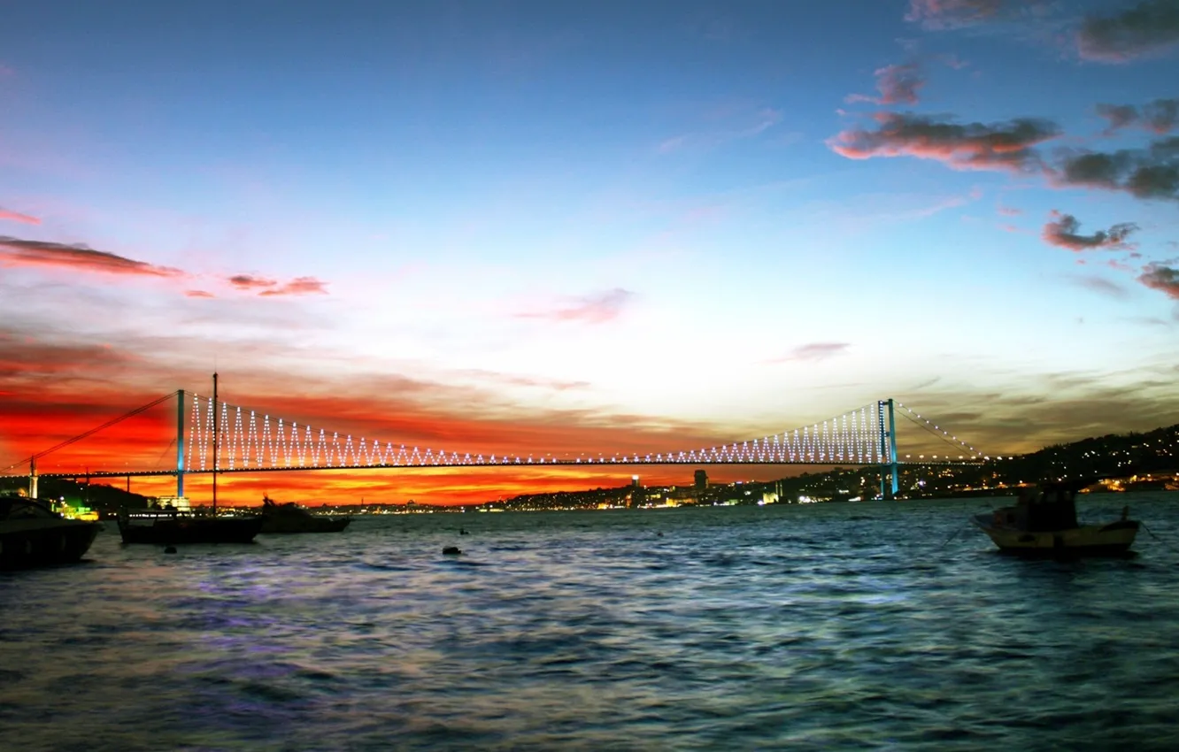 Photo wallpaper sea, sunset, Istanbul, Turkey, Bosphorus bridge