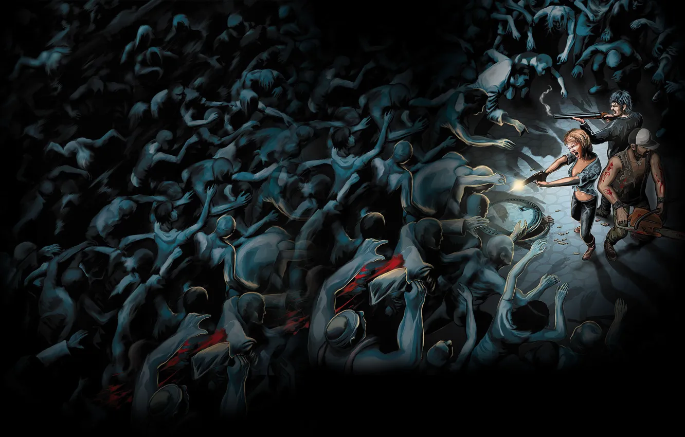 Photo wallpaper weapons, the crowd, zombies, chainsaw, trap, Walking, trapped dead