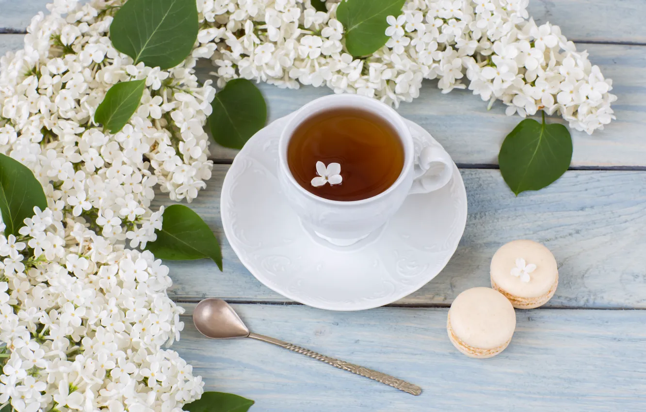 Photo wallpaper tea, branch, morning, cookies, white, lilac, LAIMDOTA GRIVANE