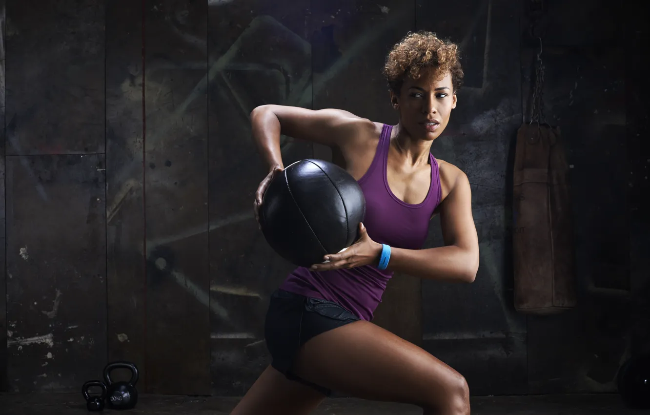 Photo wallpaper women, ball, pose, workout, fitness, weight