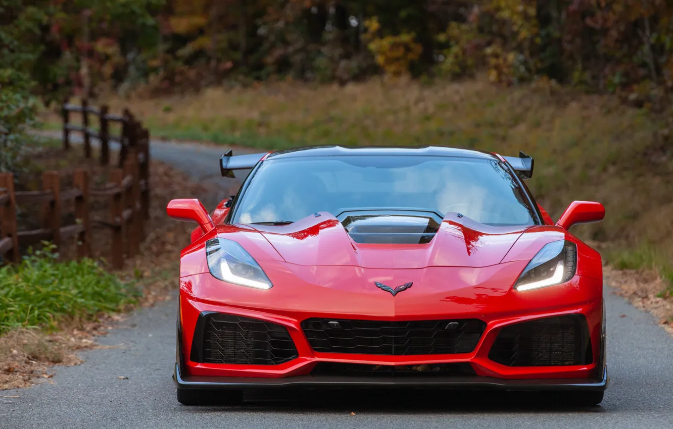 Photo wallpaper Red, front view, Chevrolet Corvette ZR1, 2019