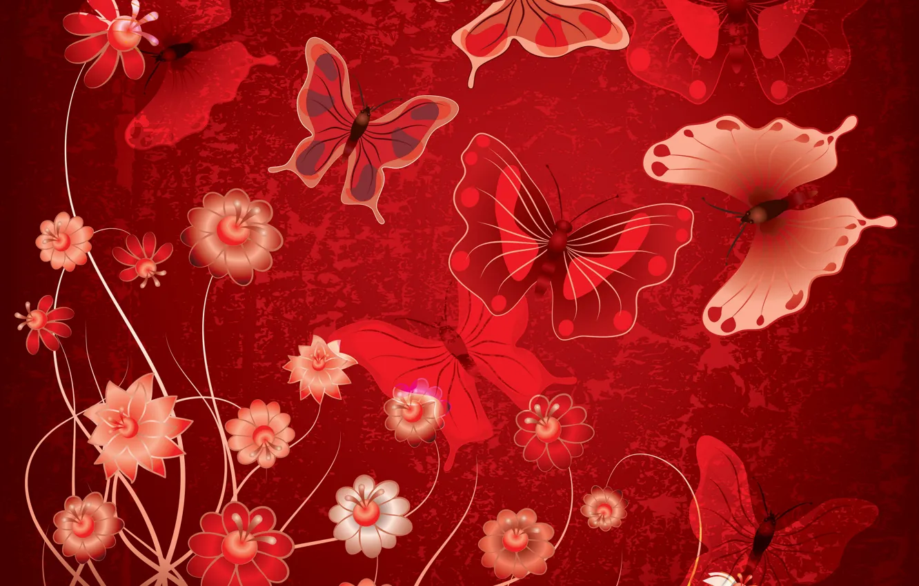 Photo wallpaper butterfly, flowers, abstract, red, design, flowers, grunge, butterflies