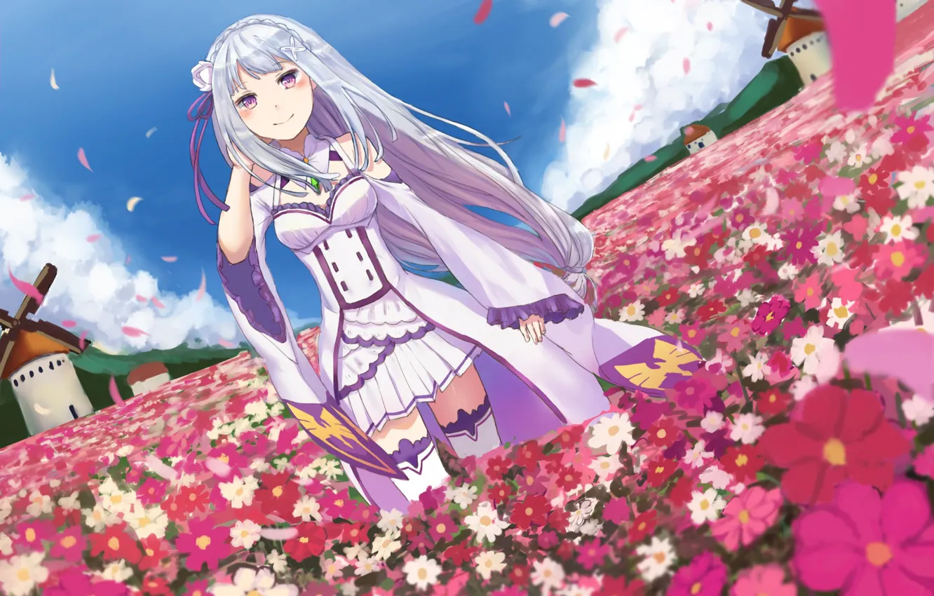 Photo wallpaper girl, flowers, glade, mill, anime, art, Emilia, Re: Zero kara hajime chip isek or Seikatsu