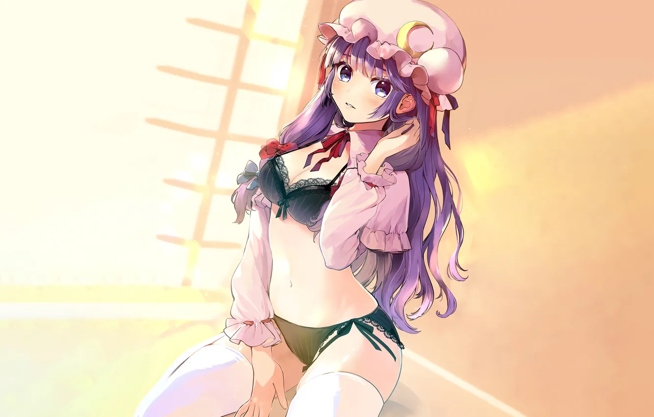 Photo wallpaper girl, sexy, lingerie, bra, cleavage, blouse, panties, thighhighs