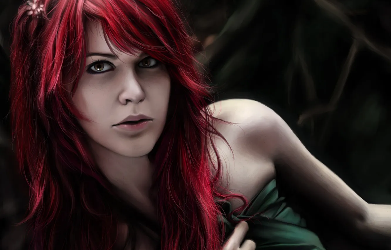 Photo wallpaper girl, face, art, fabric, red