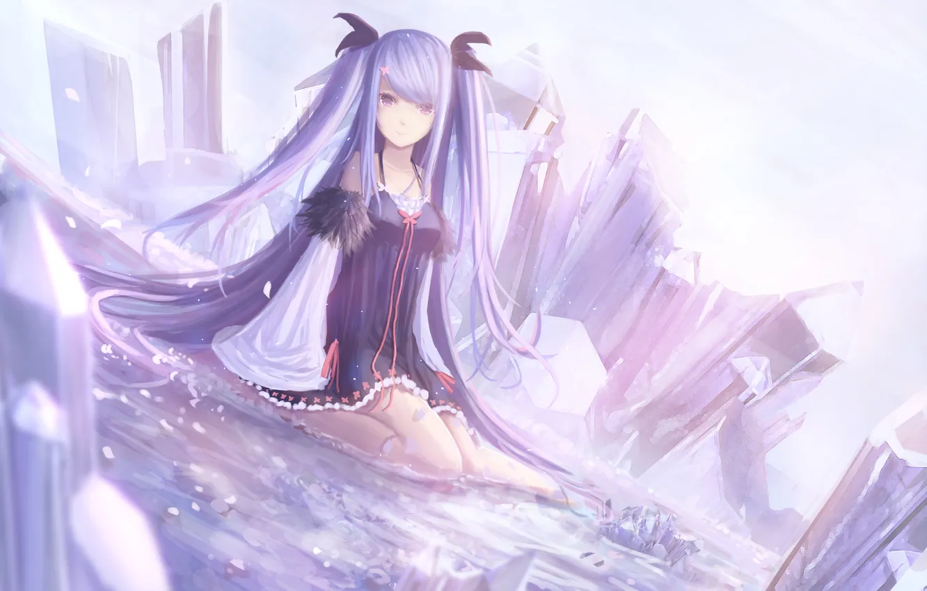 Photo wallpaper water, girl, anime, petals, art, crystals, flowers, sitting