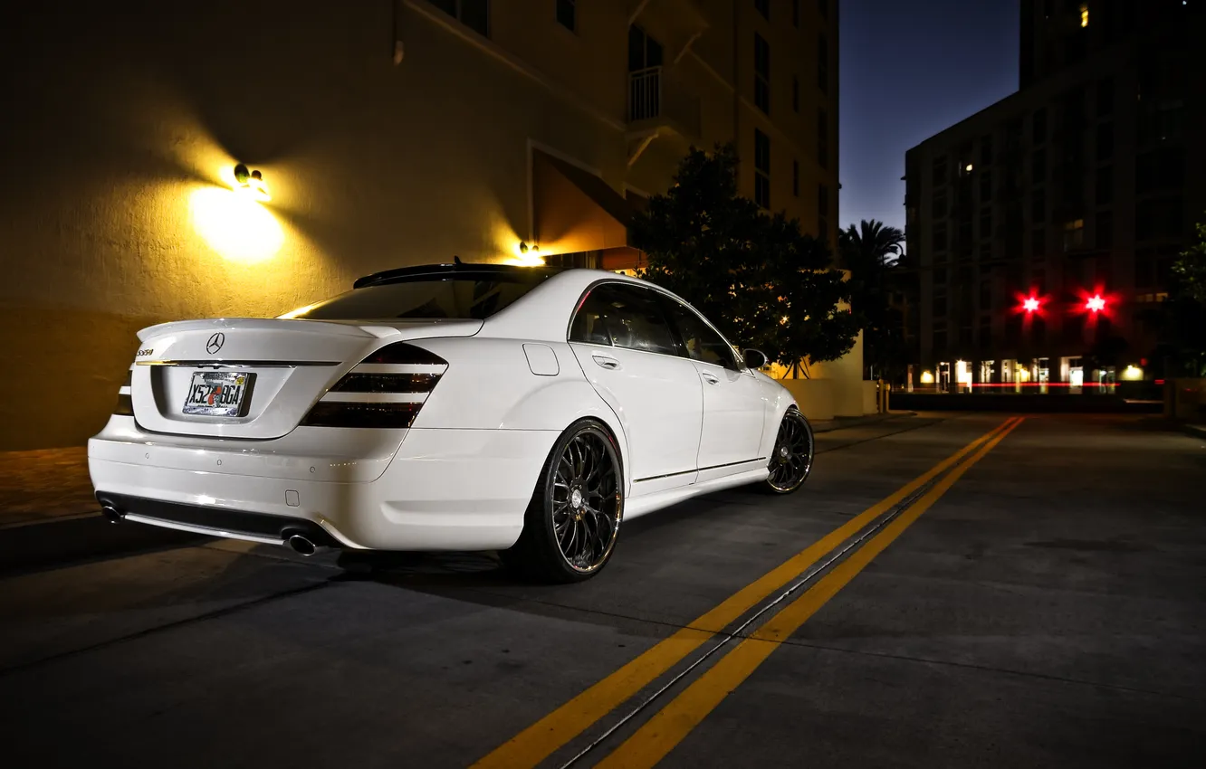 Photo wallpaper white, night, the city, street, Mercedes-Benz, white, Mercedes Benz, S-Class