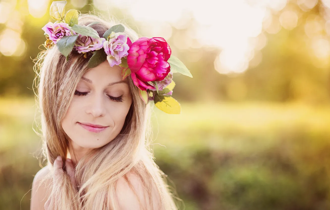 Photo wallpaper summer, girl, flowers, nature, blonde, wreath, bokeh