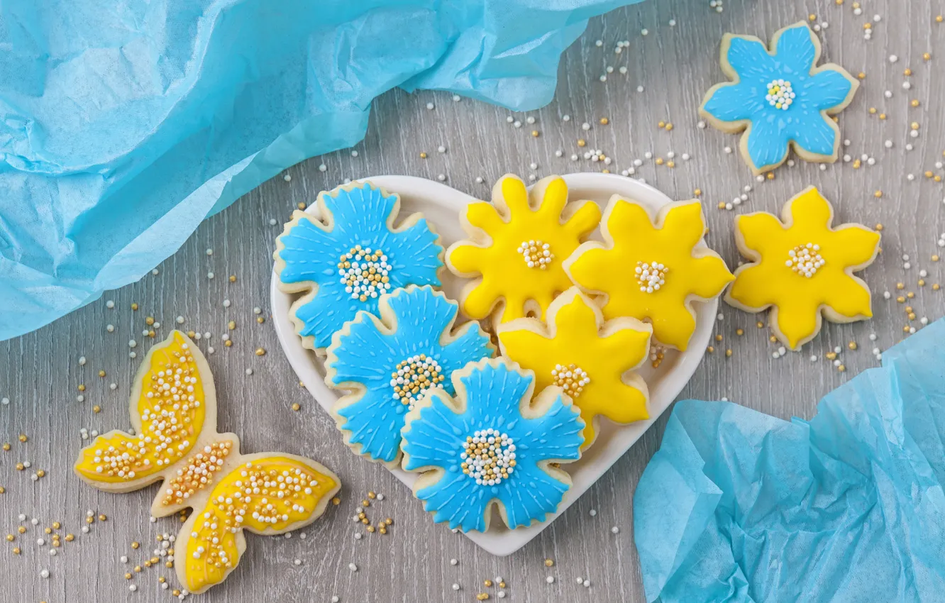 Photo wallpaper flowers, butterfly, heart, cookies, plate, sugar, heart, blue