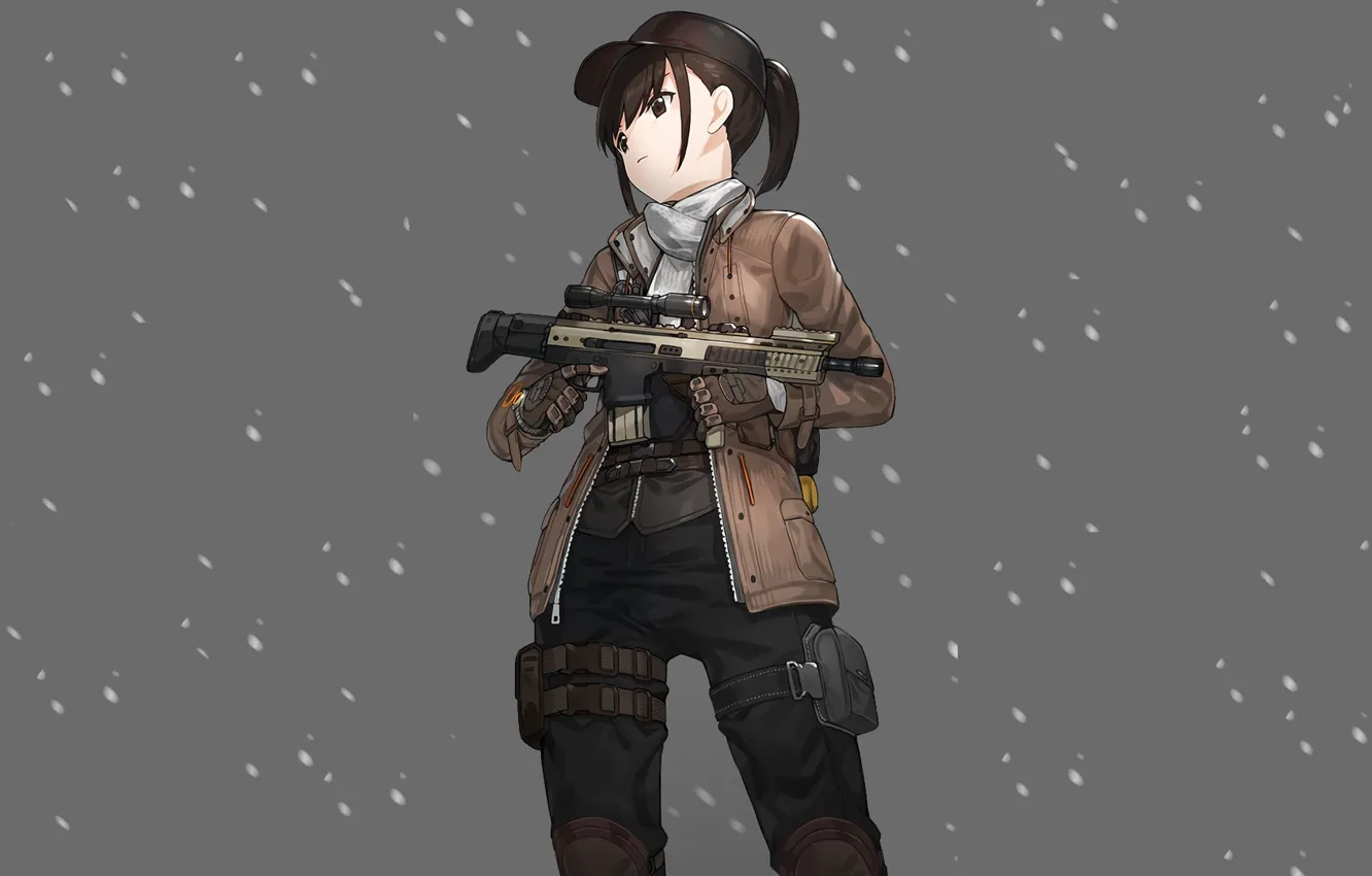 Photo wallpaper girl, snow, weapons, background