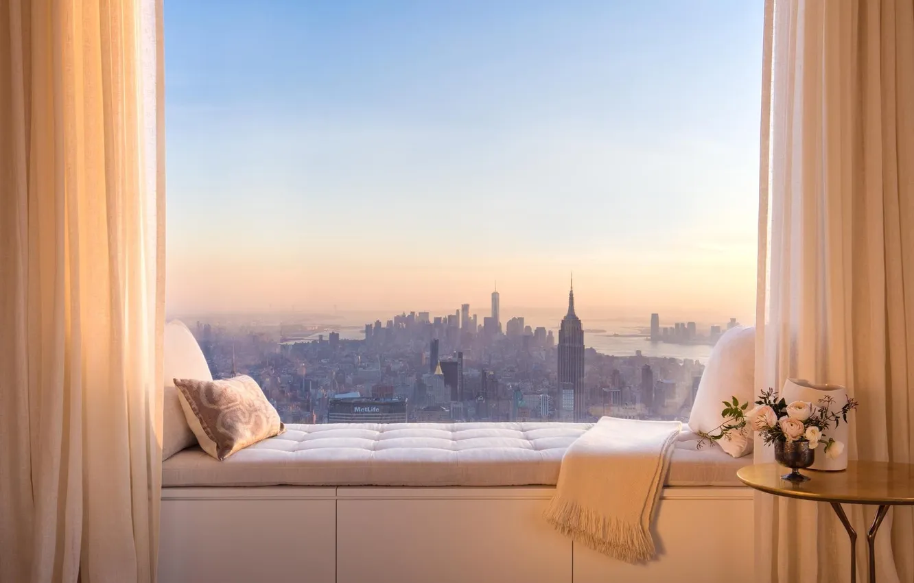 Photo wallpaper the sky, clouds, the city, river, dawn, building, interior, horizon