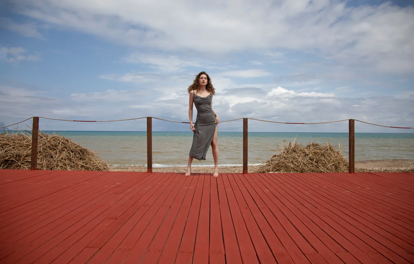 Photo wallpaper waves, beach, sky, hot girl, ocean, brown hair, nature, model