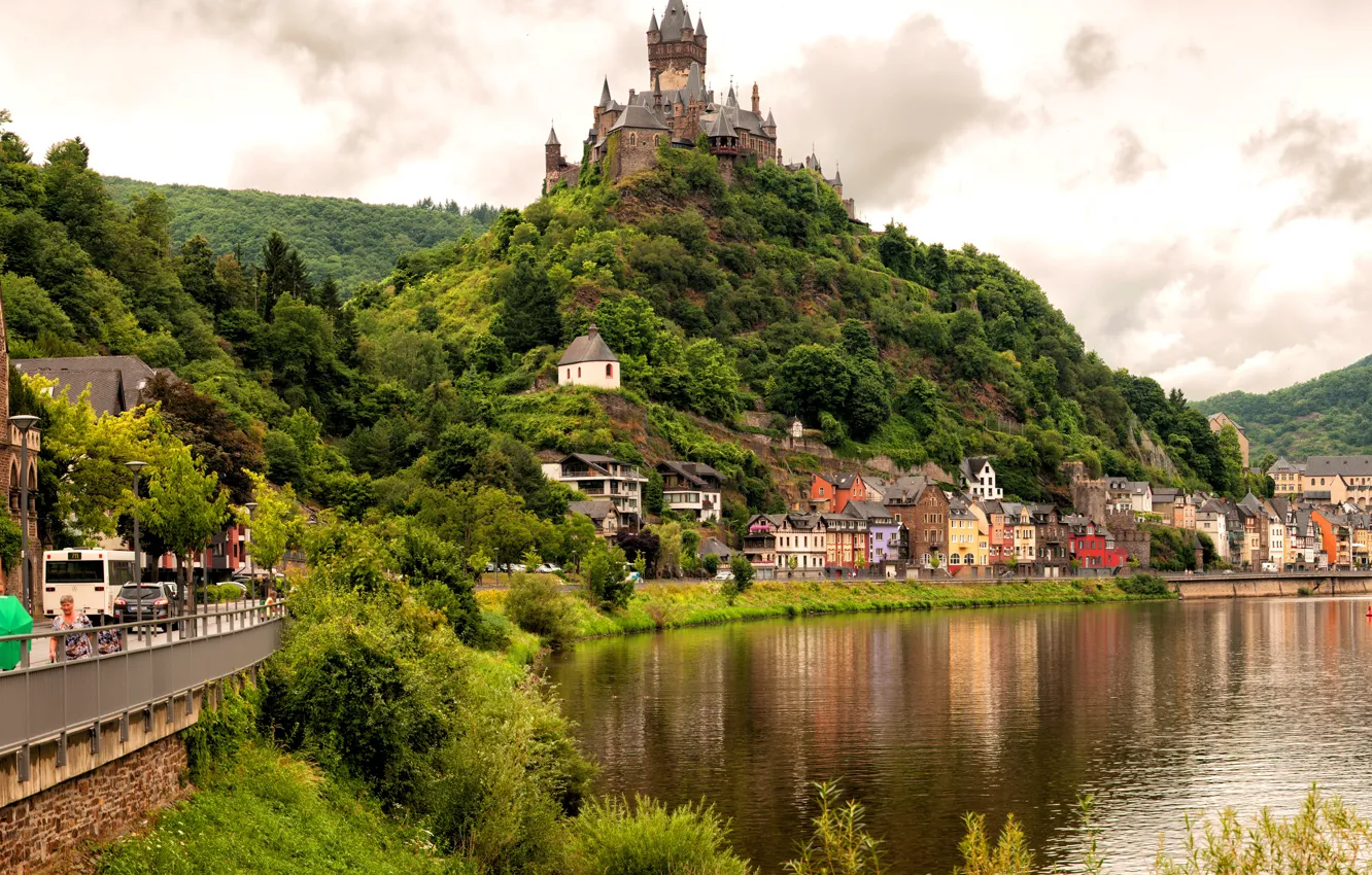 Photo wallpaper greens, forest, clouds, trees, mountains, river, castle, home