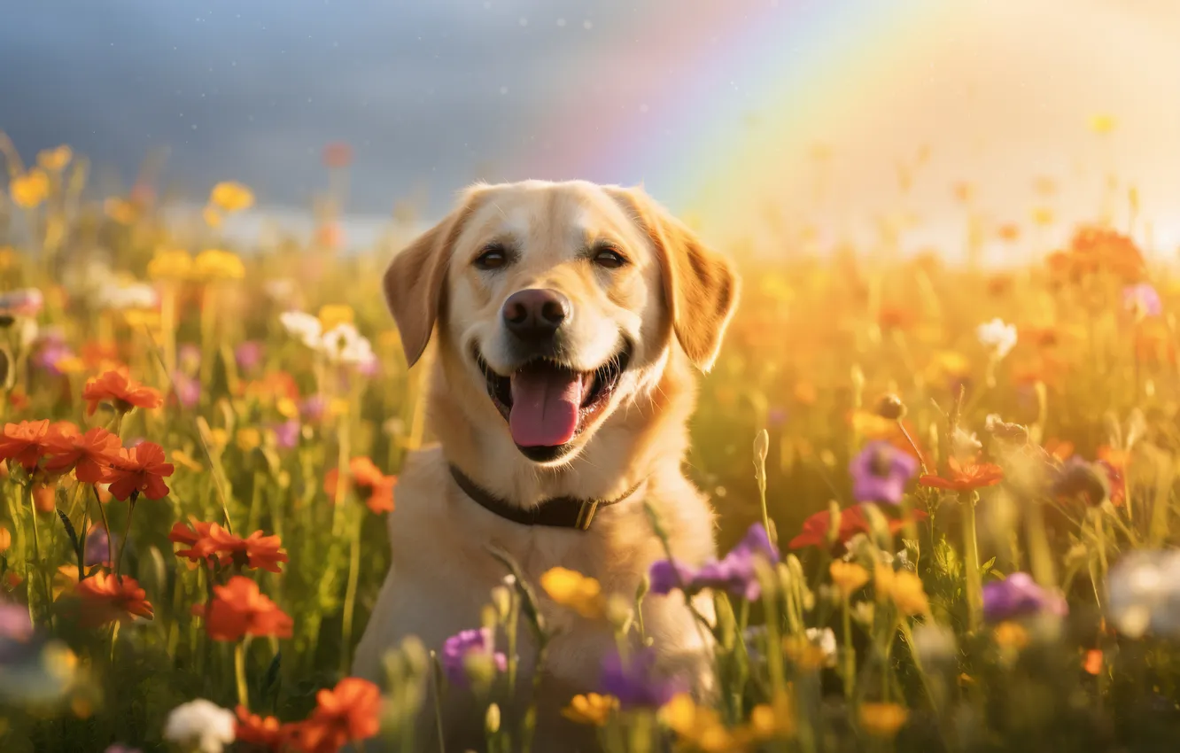 Photo wallpaper look, flowers, dog, Labrador, digital art, AI art, The Art of Artificial Intelligence, neural network