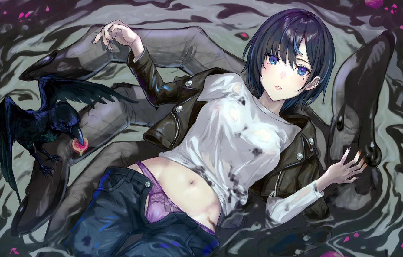 Photo wallpaper girl, sexy, lingerie, panties, boobs, sexy girl, bird, crow