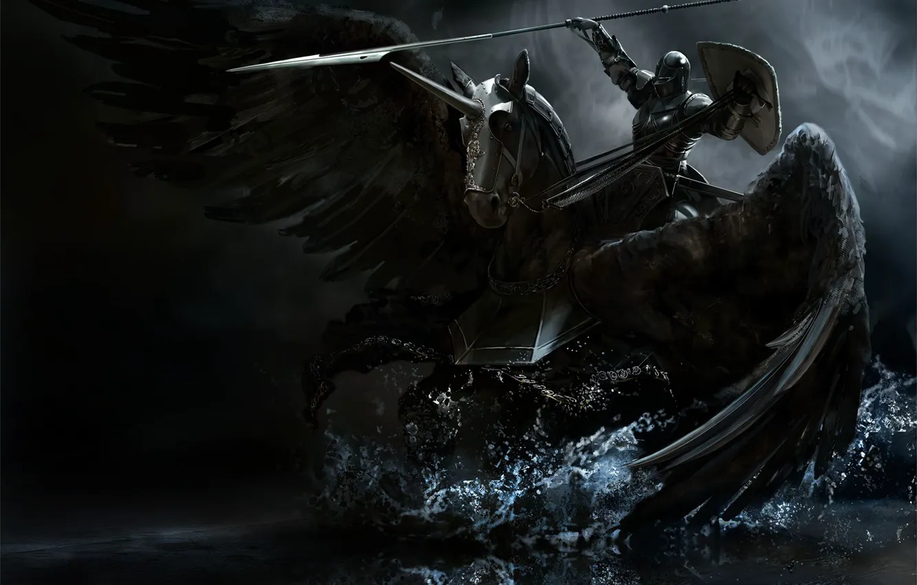 Photo wallpaper weapons, wings, Horse, armor, black, spear, knight
