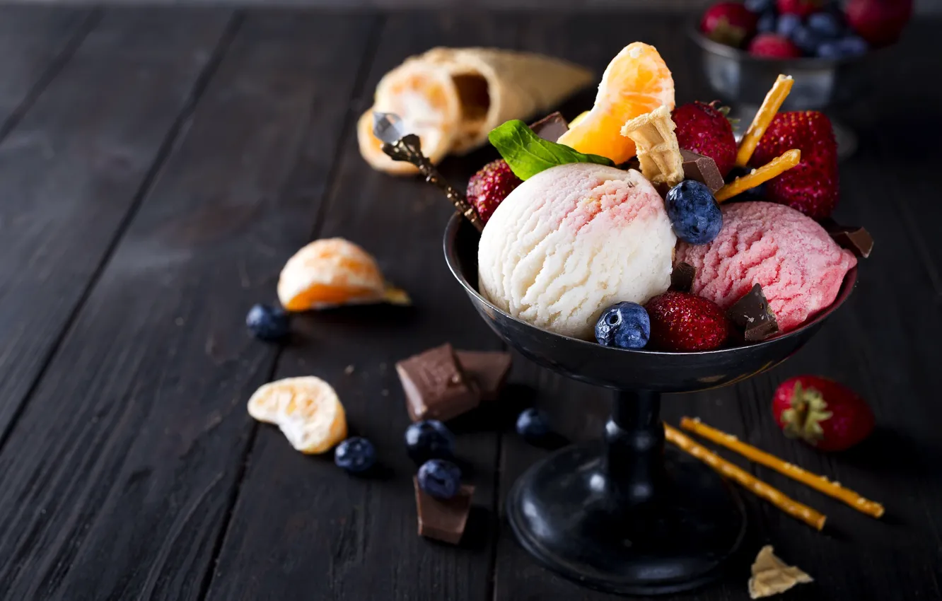 Photo wallpaper berries, chocolate, blueberries, strawberry, ice cream, dessert, tangerines